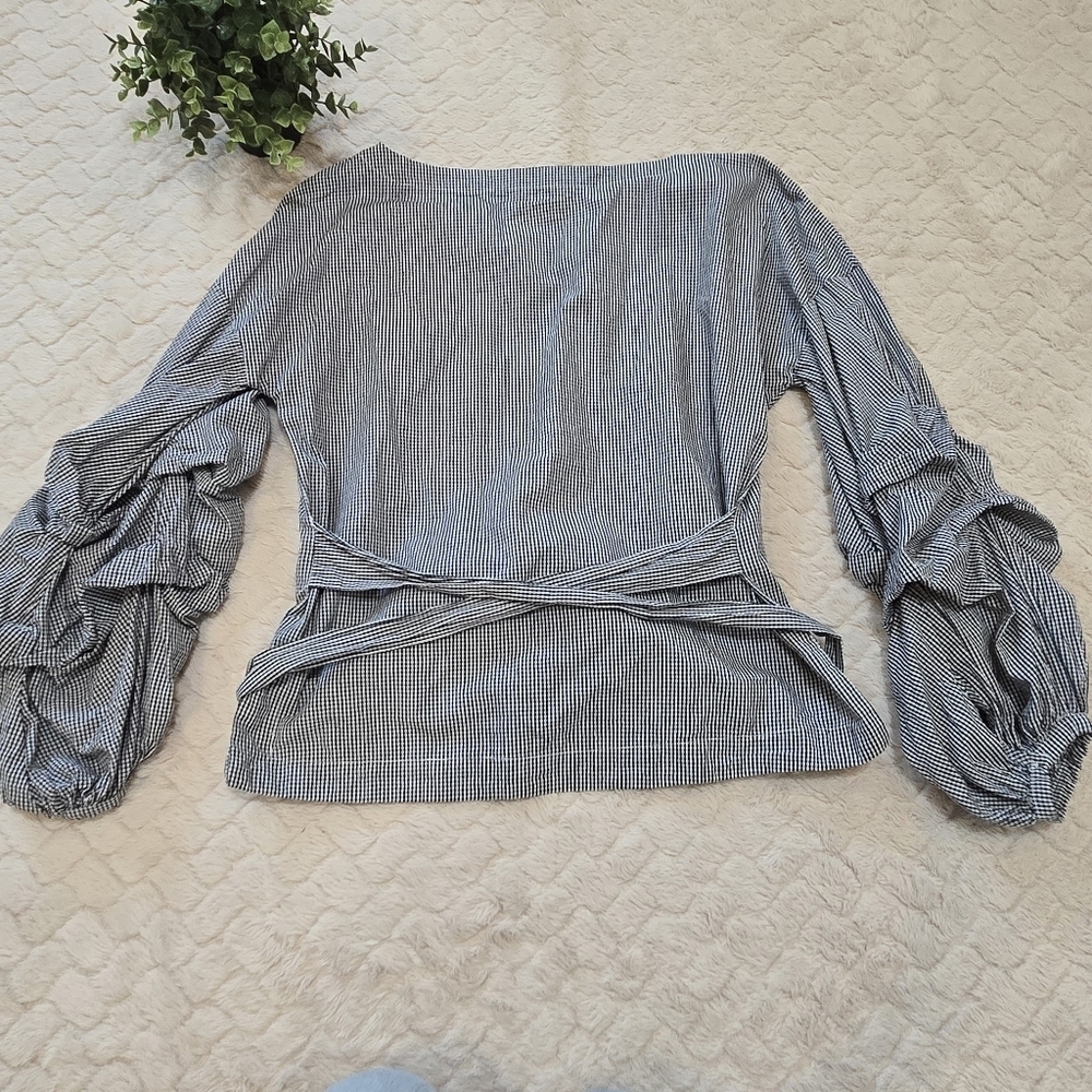 Max Jeans Black & White Checked Ruched Bubble Sleeve Belted Cotton Blouse Medium - Picture 5 of 9